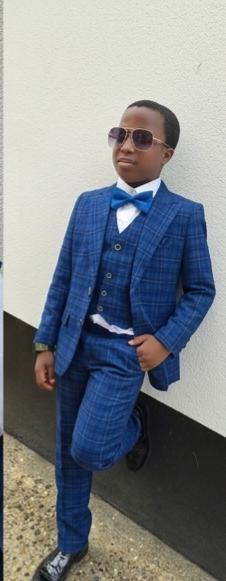 Premium Boys 3 Piece Check Suit Blue Fit Wedding Page Boy Jacket Vest Trouser