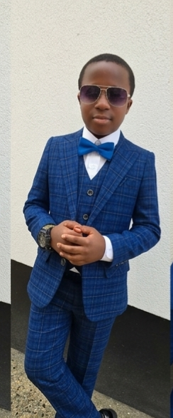 Premium Boys 3 Piece Check Suit Blue Fit Wedding Page Boy Jacket Vest Trouser
