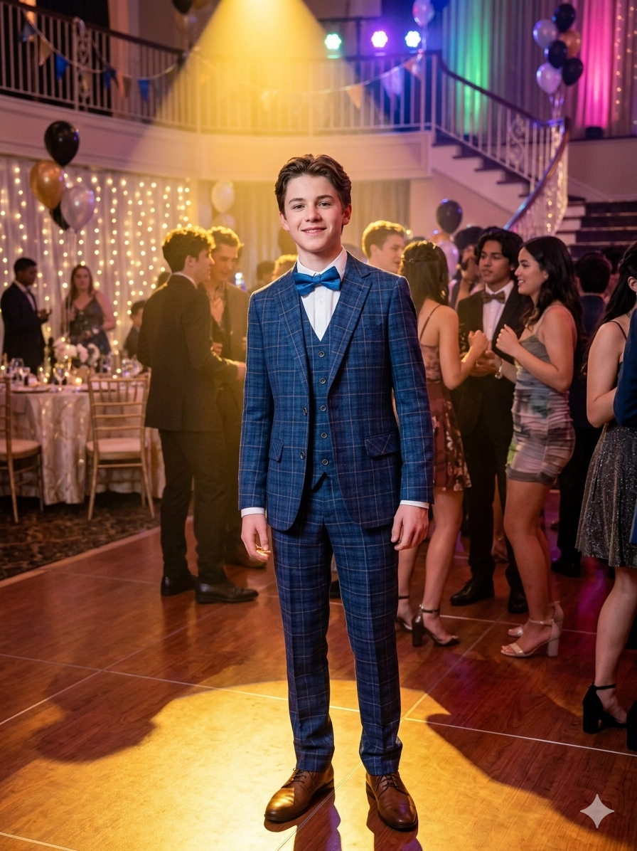 Premium Boys 3 Piece Check Suit Blue Fit Wedding Page Boy Jacket Vest Trouser