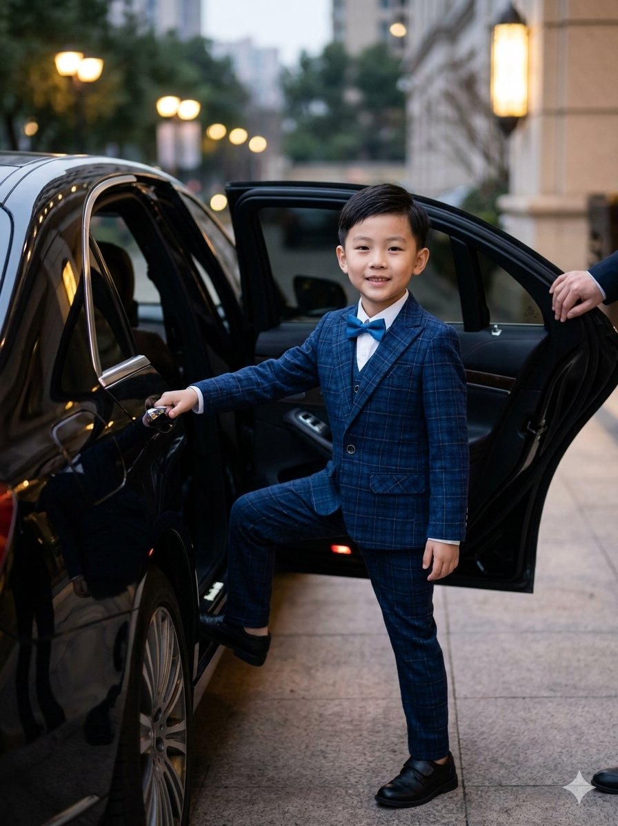 Premium Boys 3 Piece Check Suit Blue Fit Wedding Page Boy Jacket Vest Trouser