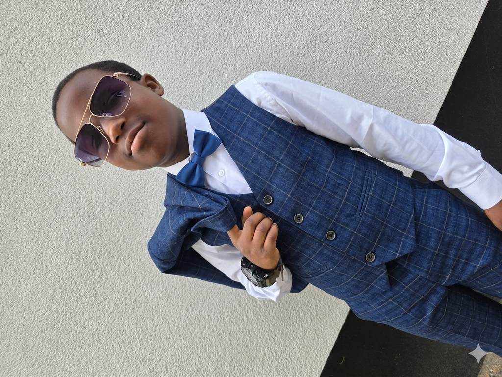 Premium Boys 3 Piece Check Suit Blue Fit Wedding Page Boy Jacket Vest Trouser